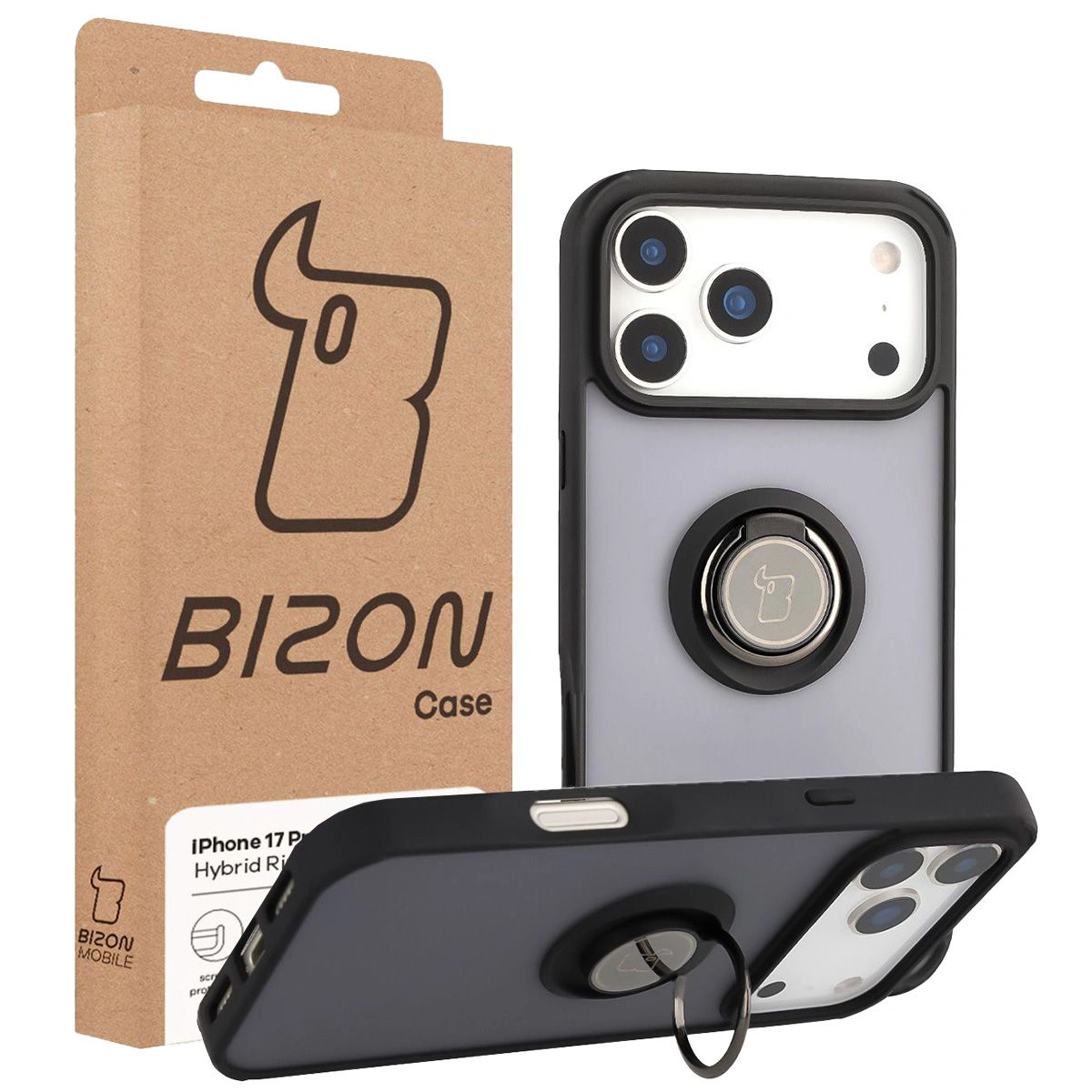 Przód pudełka Bizon Case z dedykowaną etykietą do Apple iPhone 17 Pro Max