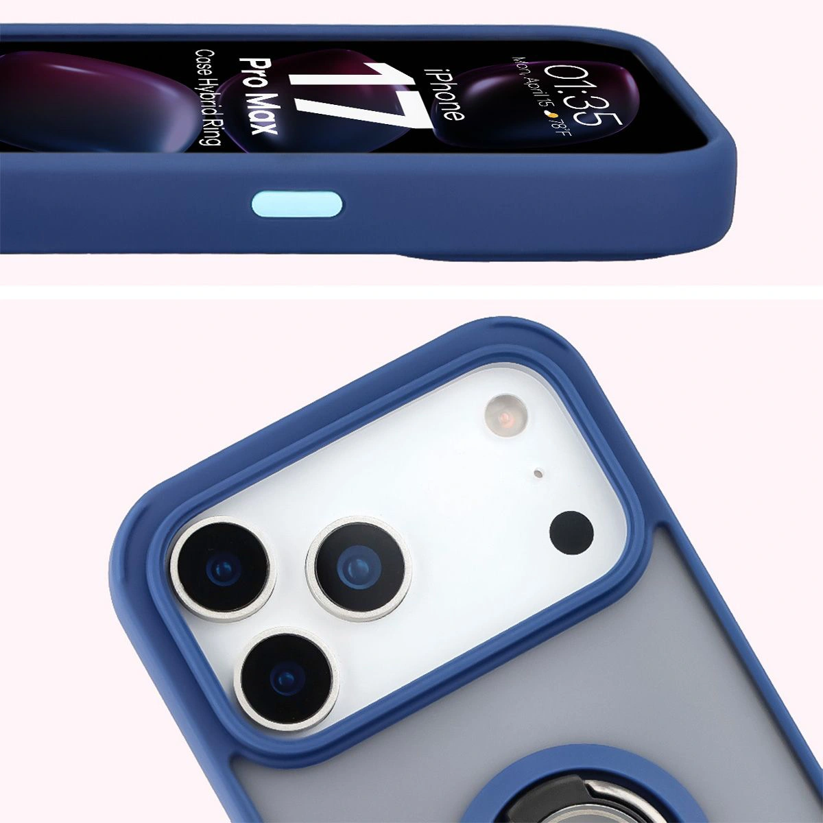 Zbliżenie na podwyższone krawędzie przy wyświetlaczu i wyspie aparatu w etui Bizon Hybrid Ring do Apple iPhone 17 Pro Max