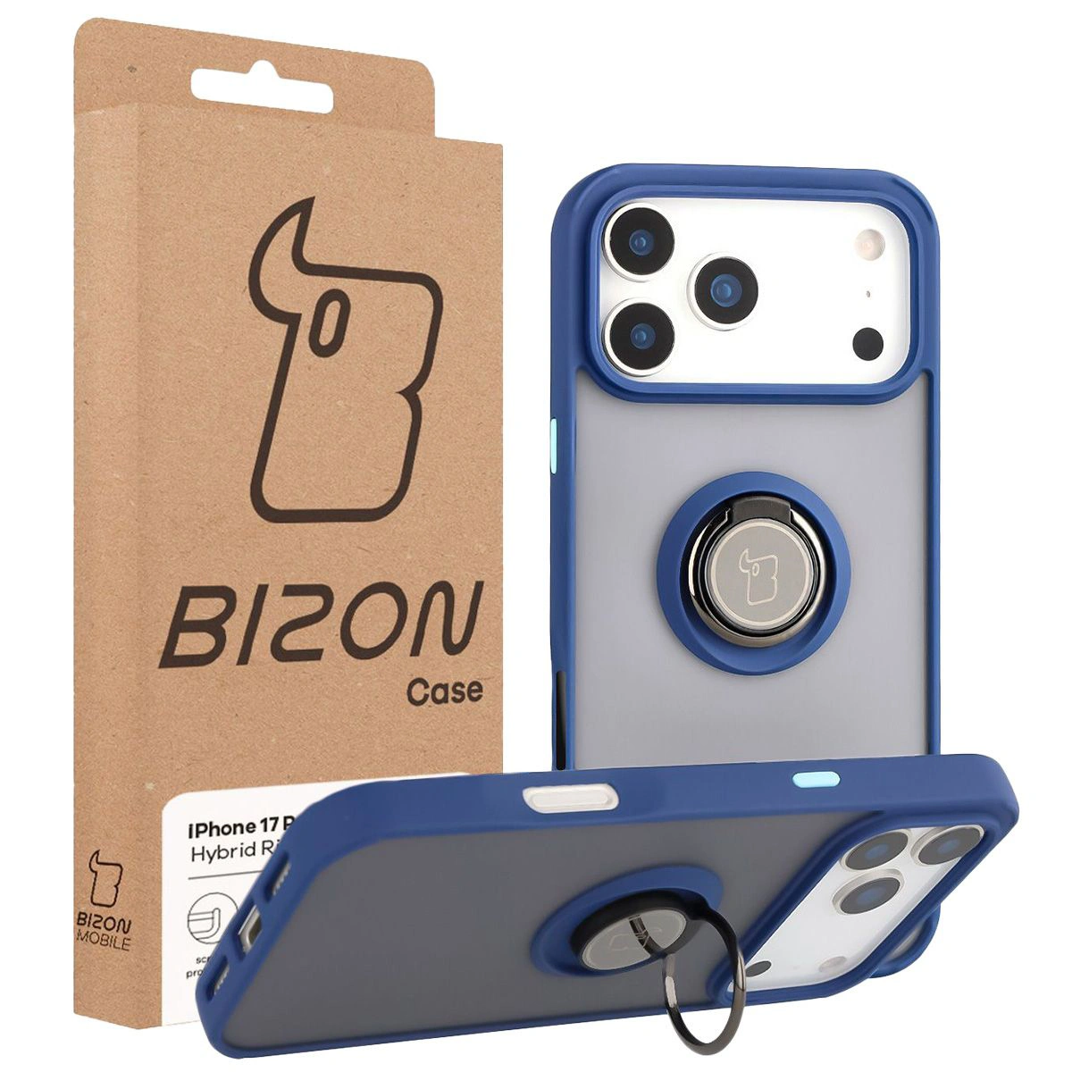 Przód pudełka Bizon Case z dedykowaną etykietą do Apple iPhone 17 Pro Max