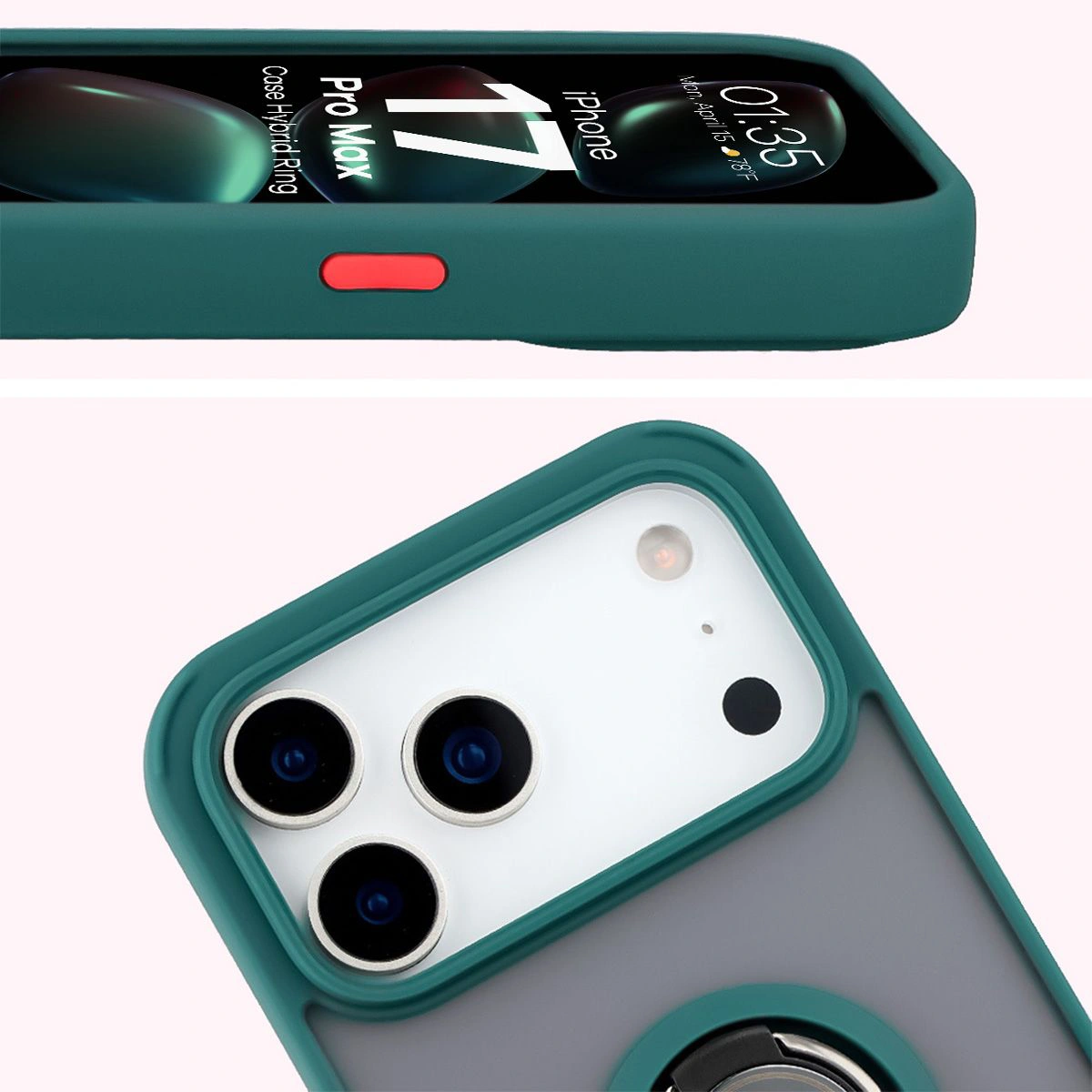 Zbliżenie na podwyższone krawędzie przy wyświetlaczu i wyspie aparatu w etui Bizon Hybrid Ring do Apple iPhone 17 Pro Max