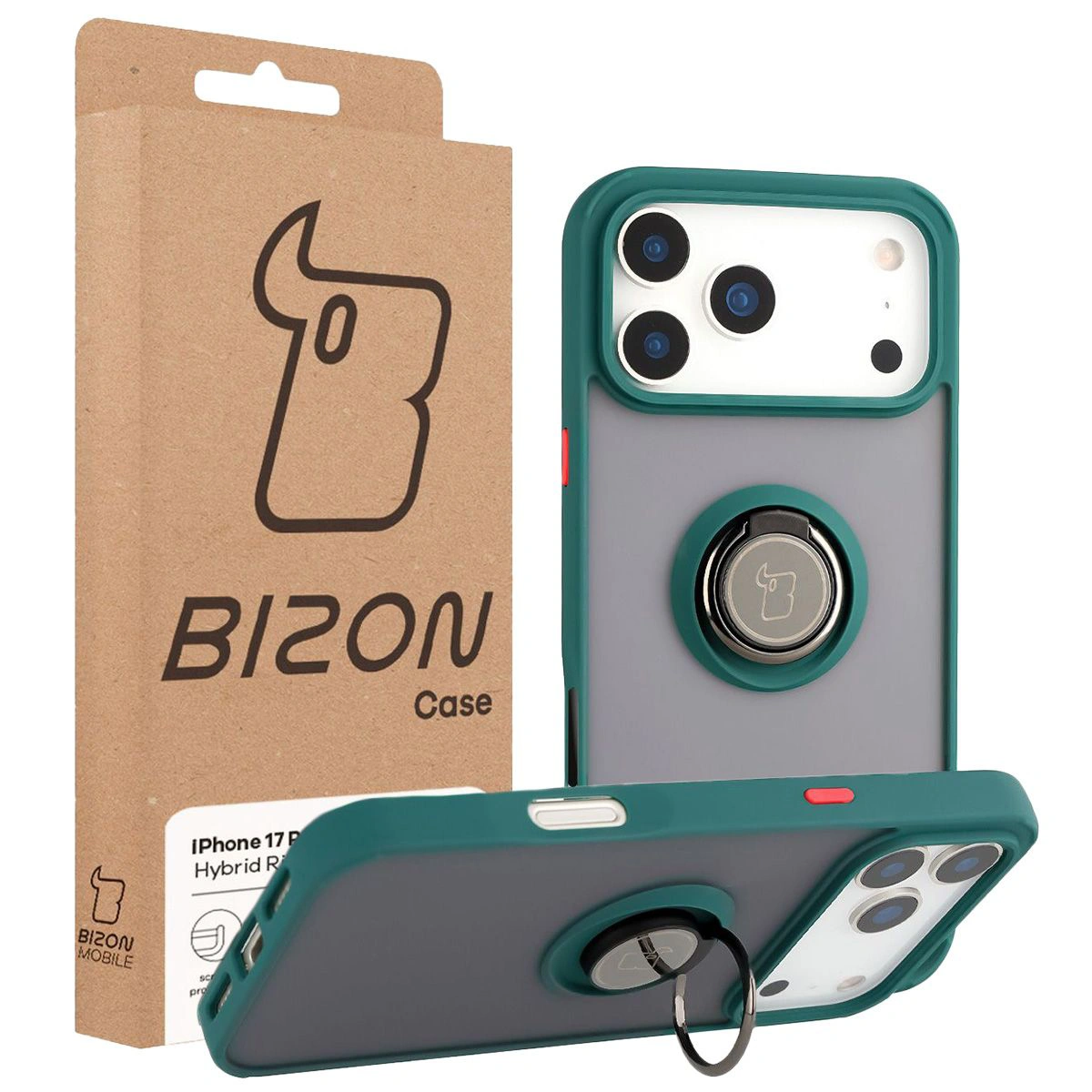 Przód pudełka Bizon Case z dedykowaną etykietą do Apple iPhone 17 Pro Max