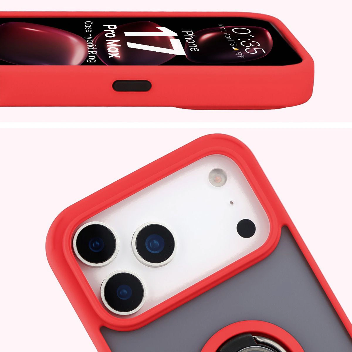 Zbliżenie na podwyższone krawędzie przy wyświetlaczu i wyspie aparatu w etui Bizon Hybrid Ring do Apple iPhone 17 Pro Max