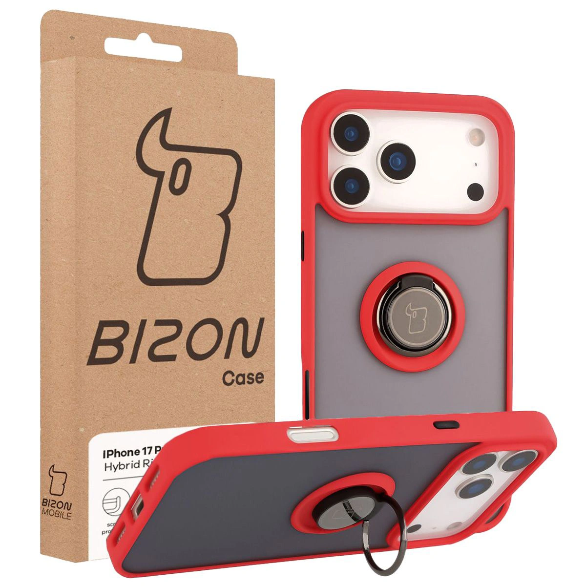 Przód pudełka Bizon Case z dedykowaną etykietą do Apple iPhone 17 Pro Max