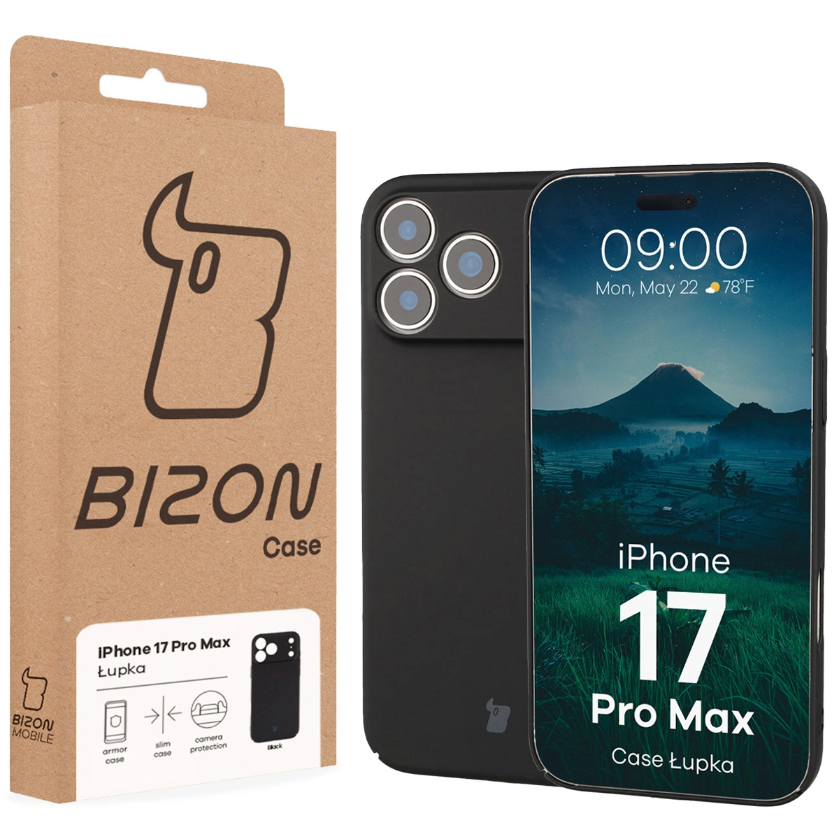Front of the Bizon Case box with a dedicated label for Apple iPhone 17 Pro Max
