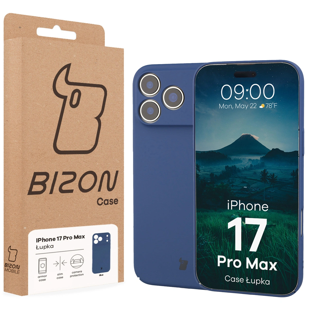 Fața cutiei Bizon Case cu eticheta dedicată pentru Apple iPhone 17 Pro Max