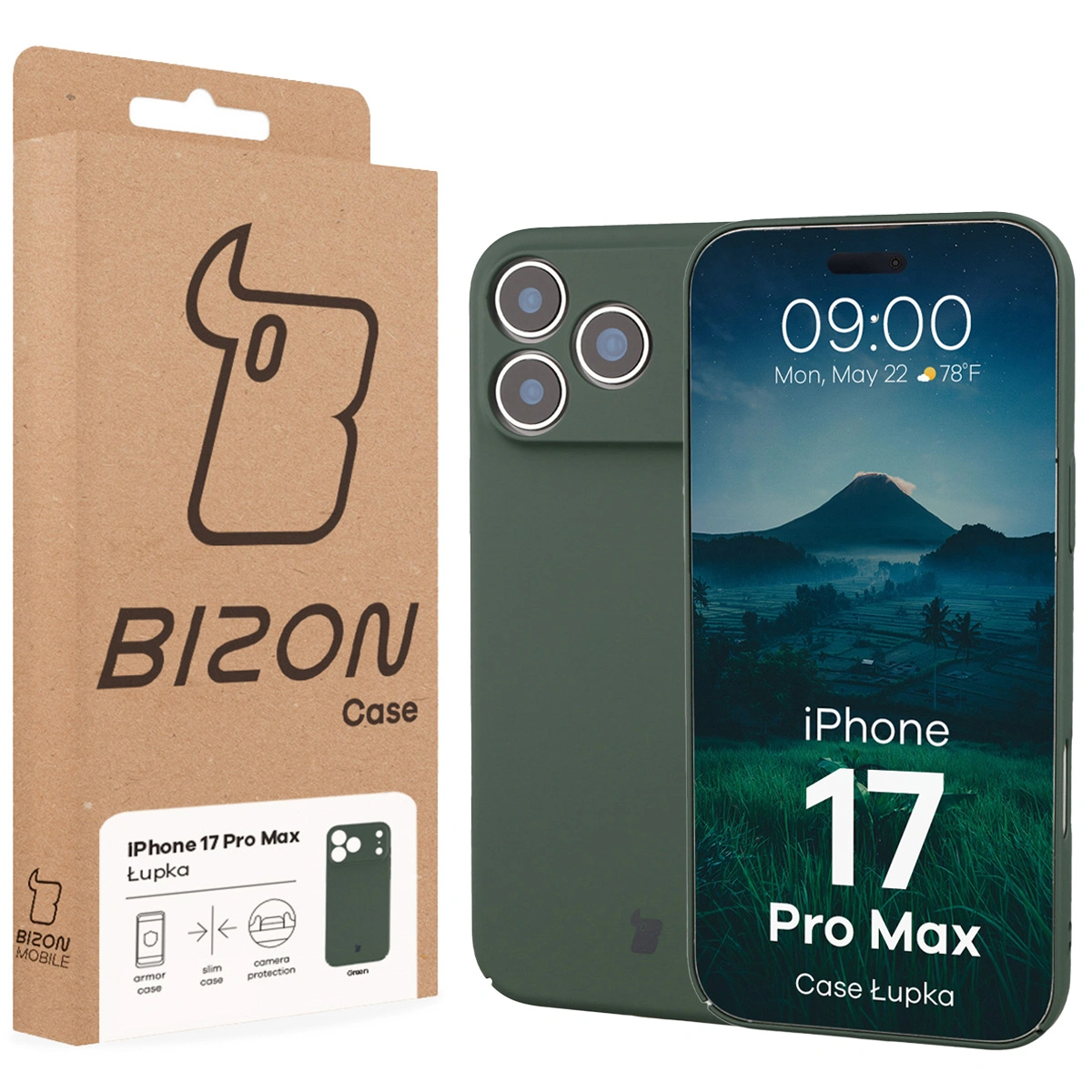 Fața cutiei Bizon Case cu eticheta dedicată pentru Apple iPhone 17 Pro Max