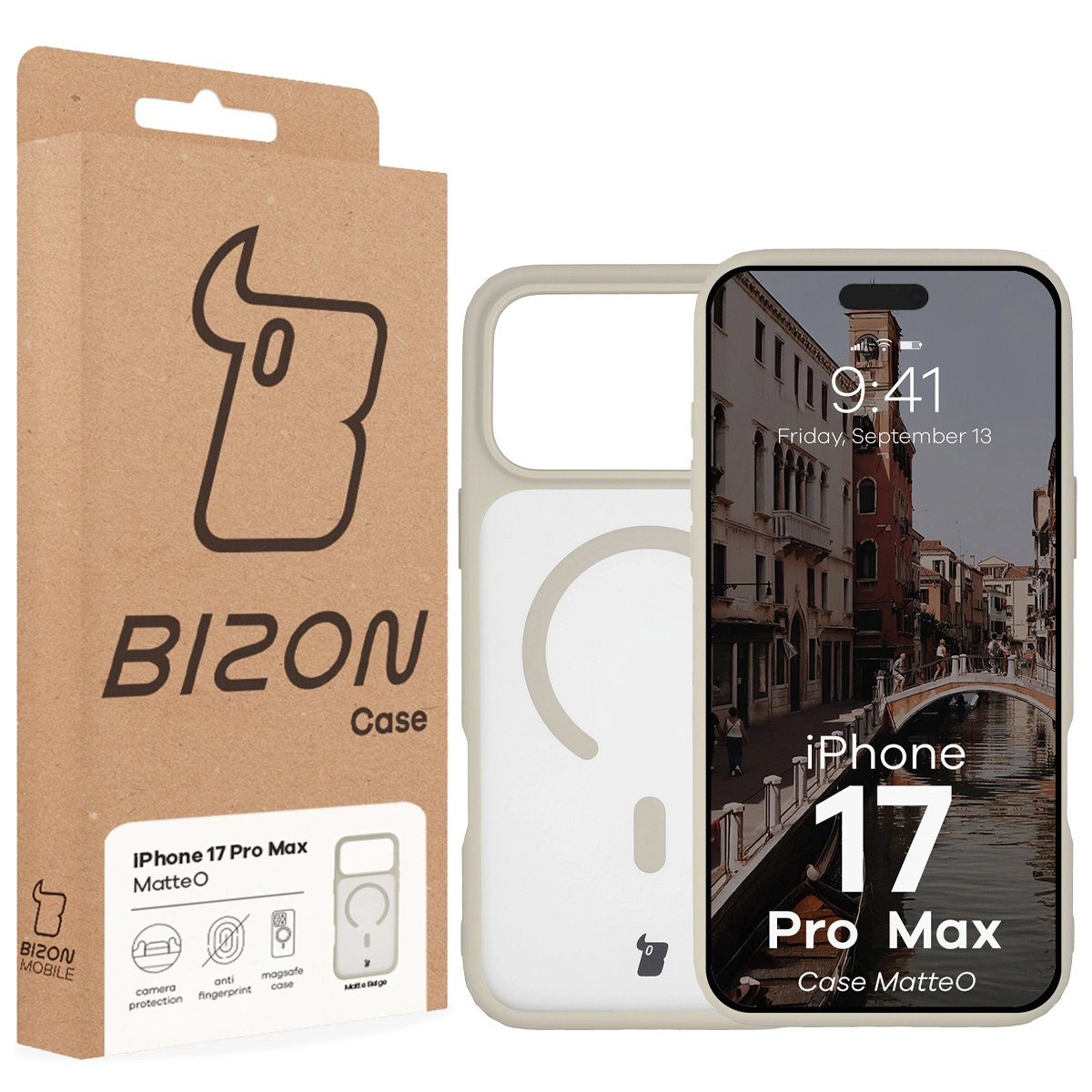Przód pudełka Bizon Case z dedykowaną etykietą do Apple iPhone 17 Pro Max