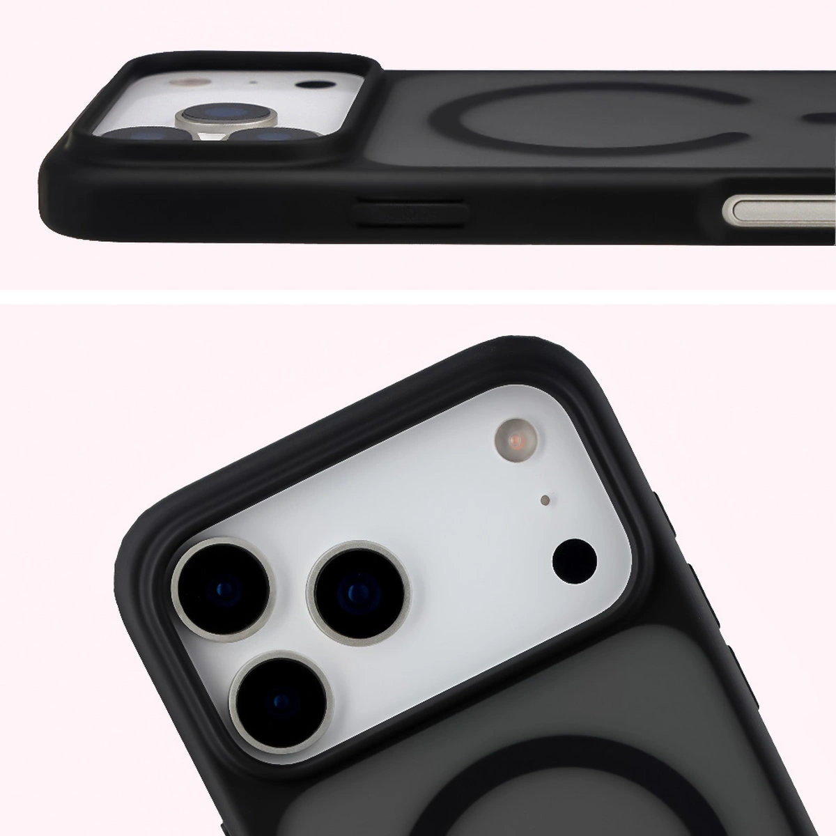 Pełne wycięcie i podwyższone krawędzie aparatu w etui Bizon Case MatteO do Apple iPhone 17 Pro Max