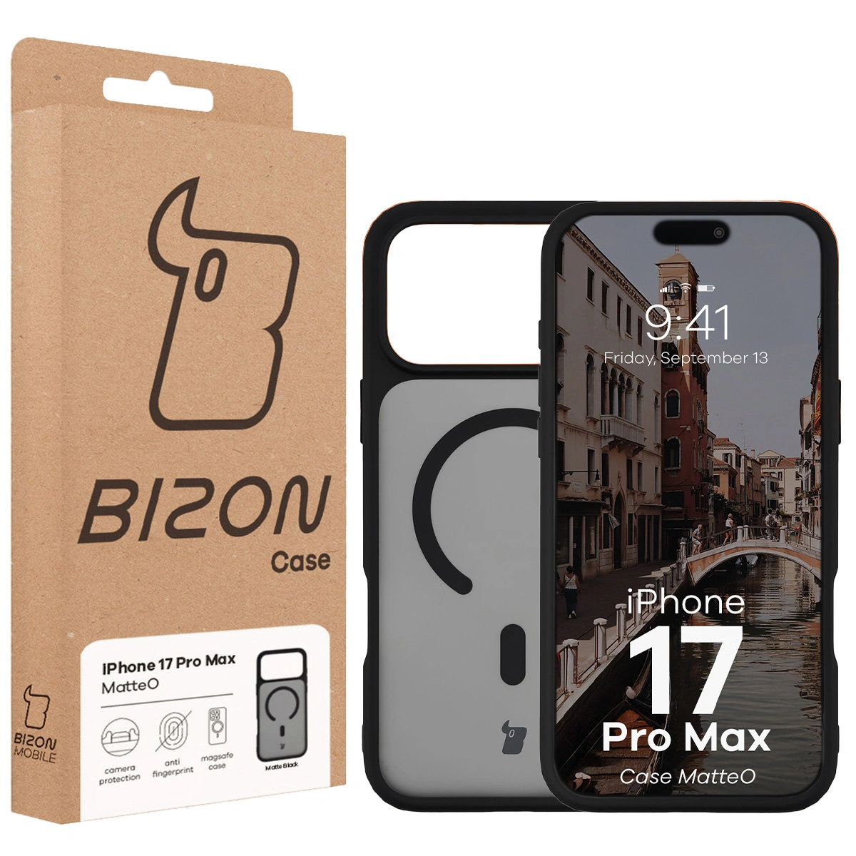 Przód pudełka Bizon Case z dedykowaną etykietą do Apple iPhone 17 Pro Max