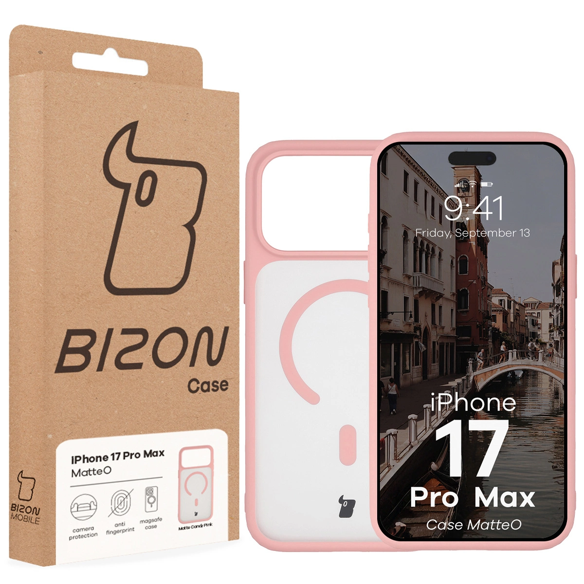 Przód pudełka Bizon Case z dedykowaną etykietą do Apple iPhone 17 Pro Max