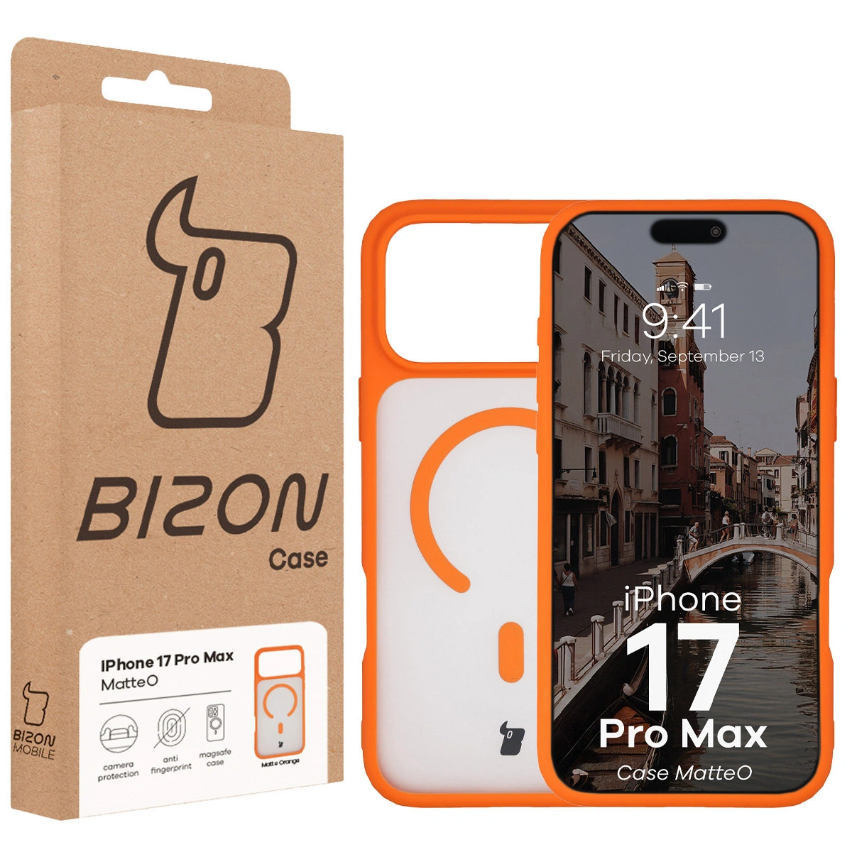 Przód pudełka Bizon Case z dedykowaną etykietą do Apple iPhone 17 Pro Max