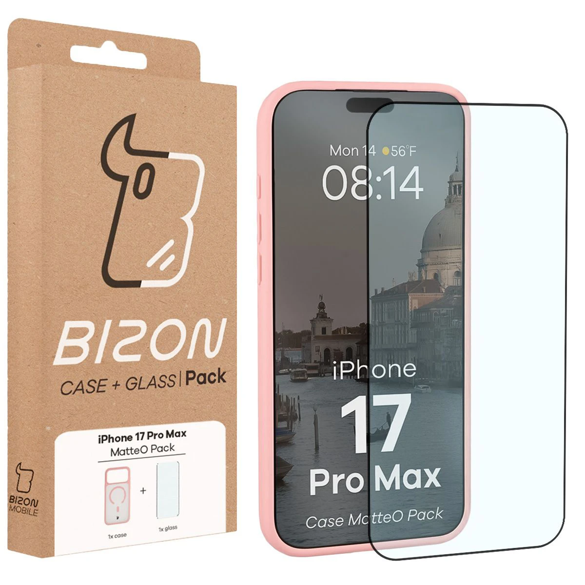 Przód pudełka Bizon Case Matteo Pack z dedykowaną etykietą do Apple iPhone 17 Pro Max