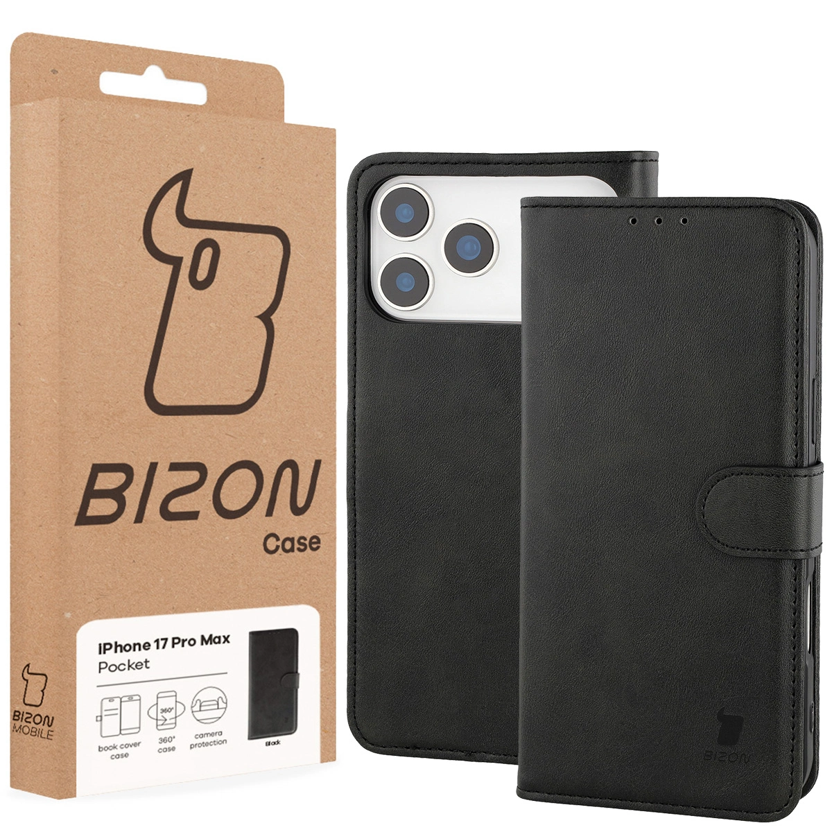 Fața cutiei Bizon Case cu eticheta dedicată pentru Apple iPhone 17 Pro Max