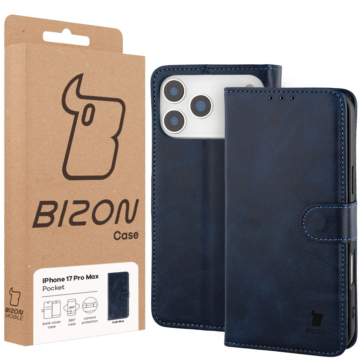 Przód pudełka Bizon Case z dedykowaną etykietą do Apple iPhone 17 Pro Max