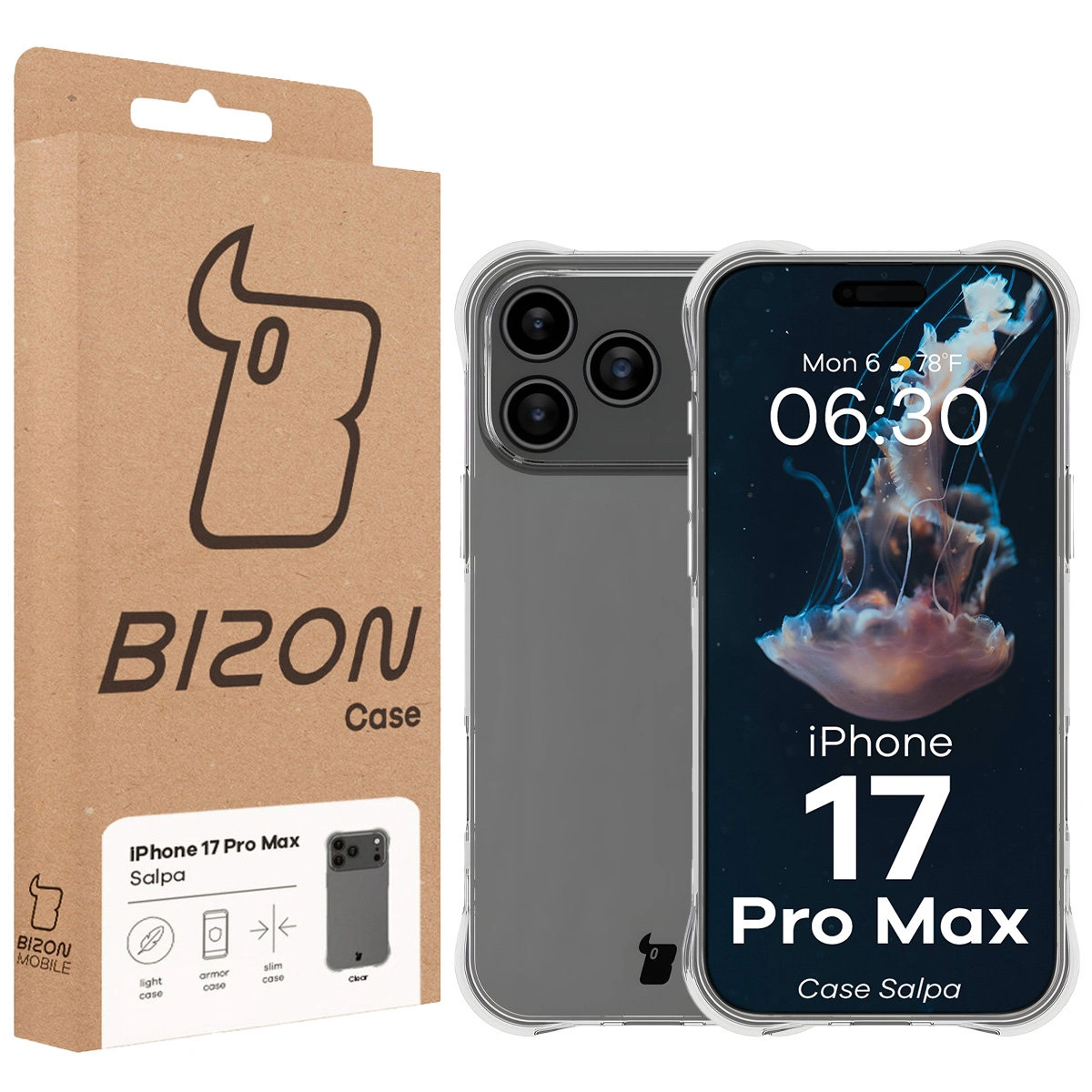 Przód pudełka Bizon Case z dedykowaną etykietą do Apple iPhone 17 Pro Max