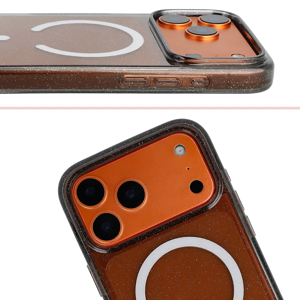 Podwyższone krawędzie aparatu i duże wycięcie w etui Bizon Case SparklO do Apple iPhone 17 Pro Max