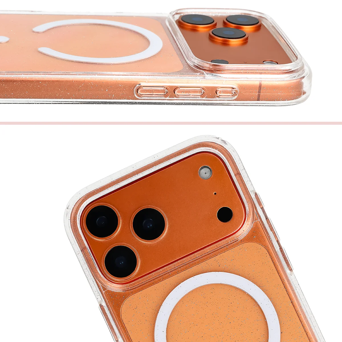 Podwyższone krawędzie aparatu i duże wycięcie w etui Bizon Case SparklO do Apple iPhone 17 Pro Max