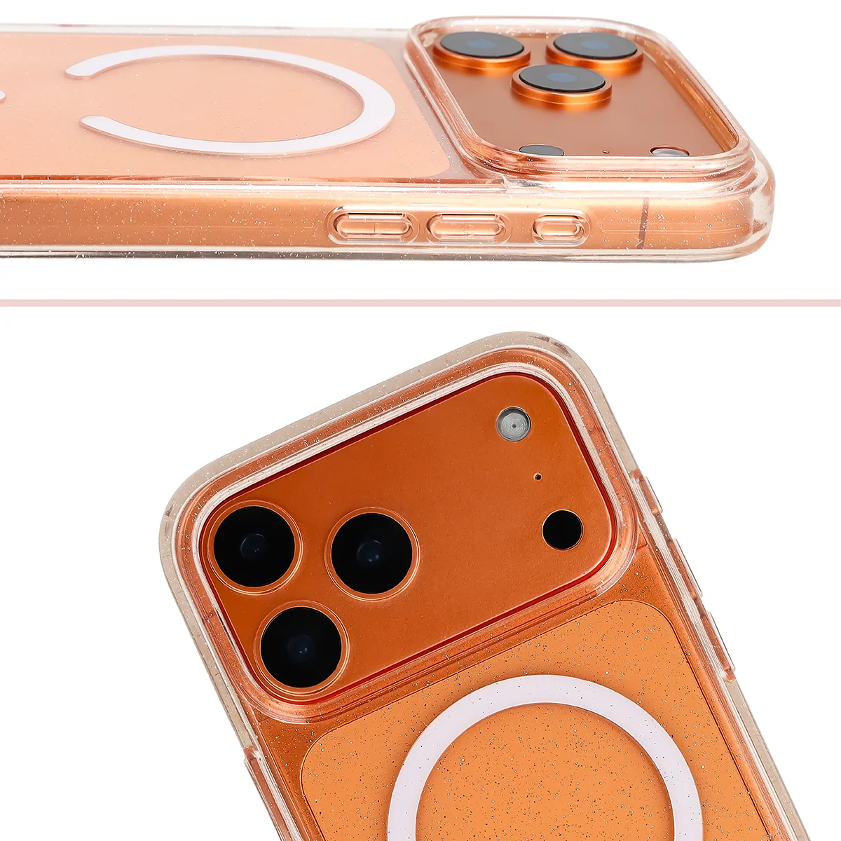 Podwyższone krawędzie aparatu i duże wycięcie w etui Bizon Case SparklO do Apple iPhone 17 Pro Max