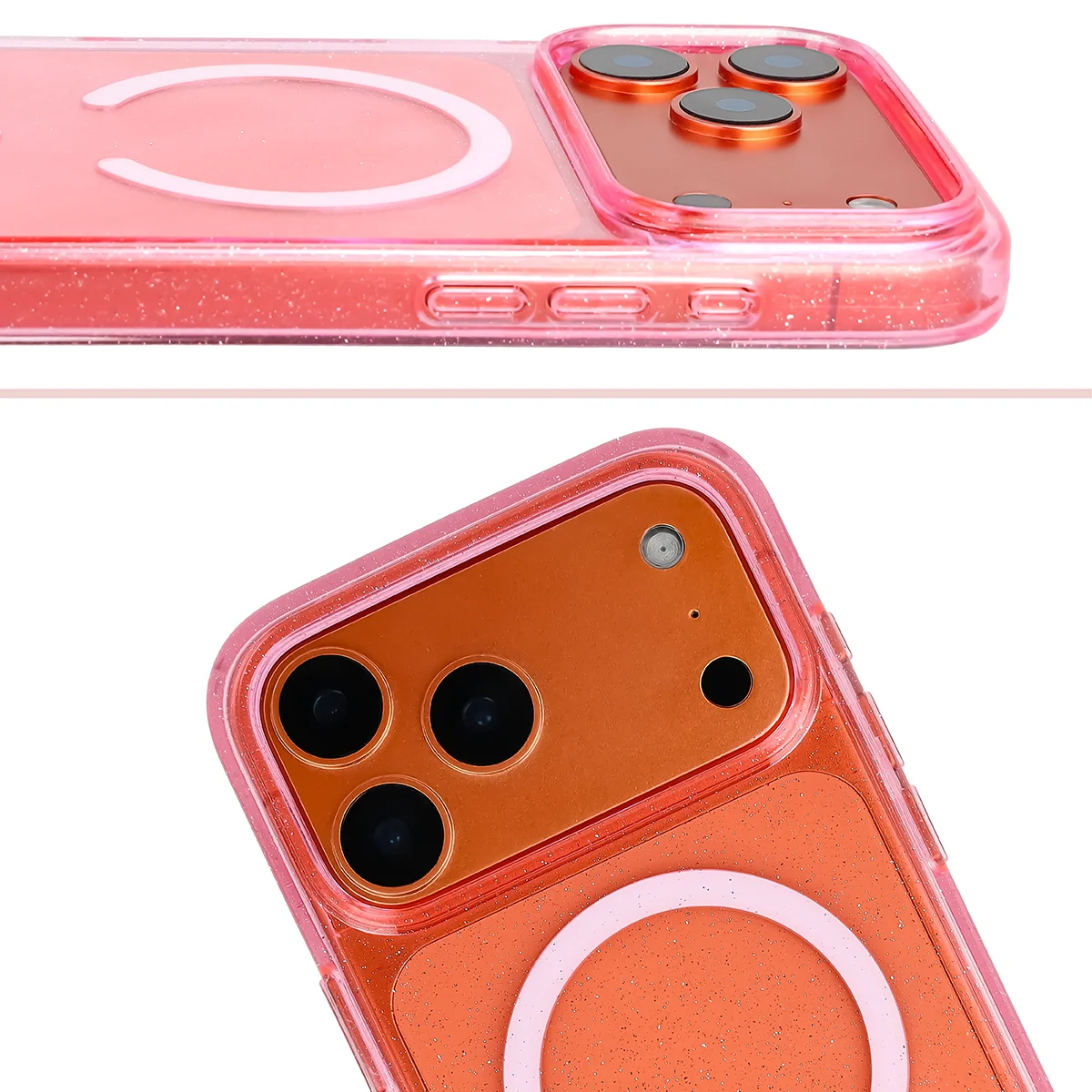 Podwyższone krawędzie aparatu i duże wycięcie w etui Bizon Case SparklO do Apple iPhone 17 Pro Max