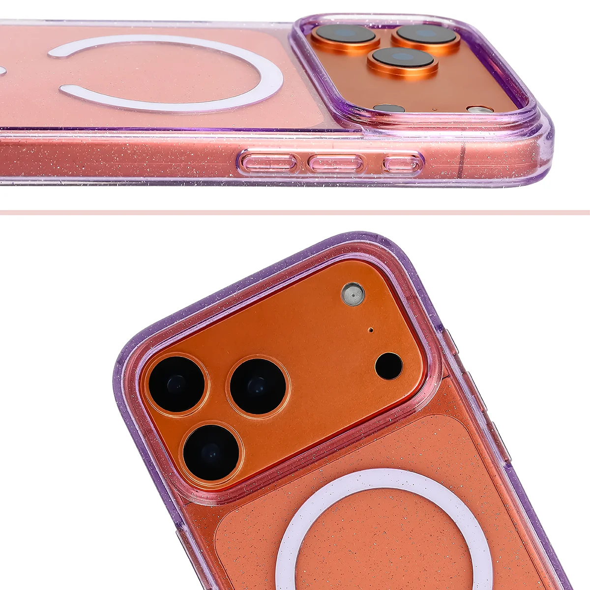 Podwyższone krawędzie aparatu i duże wycięcie w etui Bizon Case SparklO do Apple iPhone 17 Pro Max