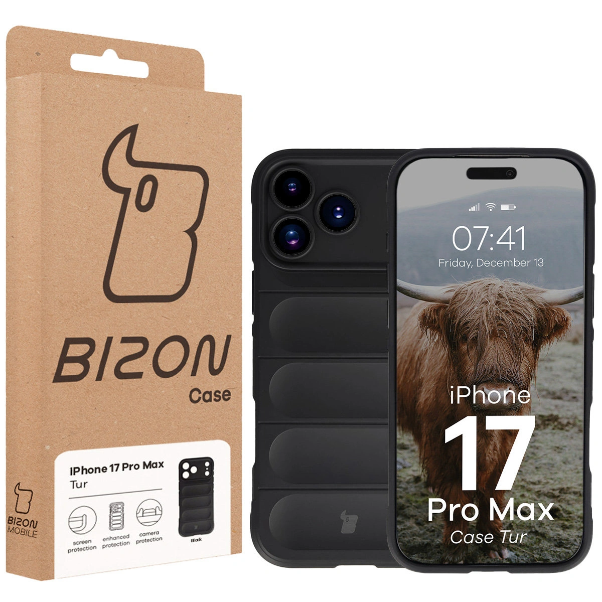 Przód pudełka Bizon Case z dedykowaną etykietą do Apple iPhone 17 Pro Max