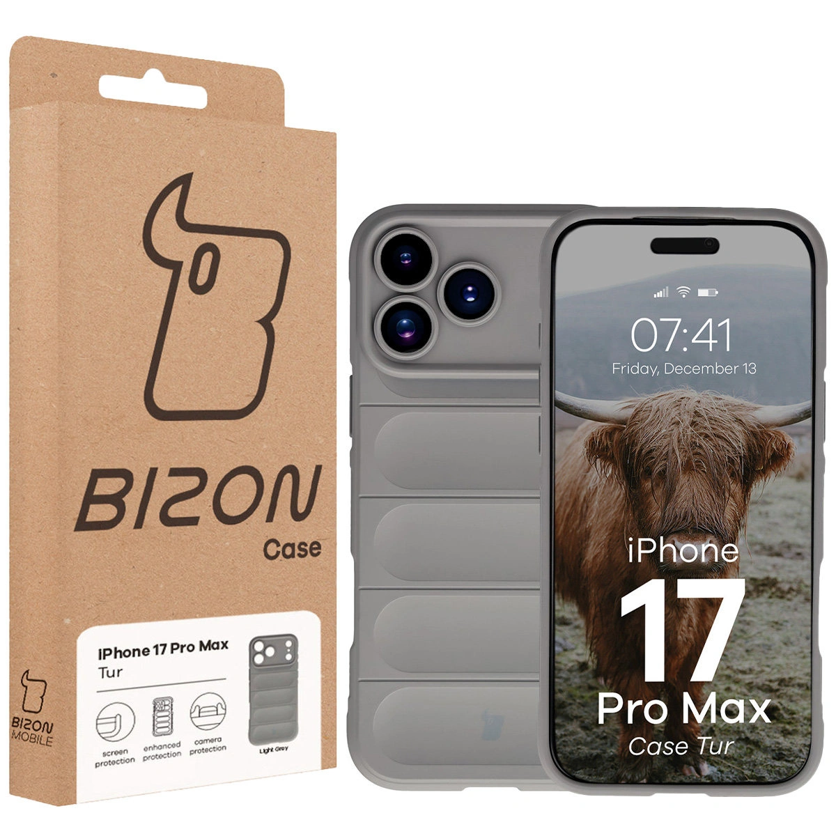 Przód pudełka Bizon Case z dedykowaną etykietą do Apple iPhone 17 Pro Max