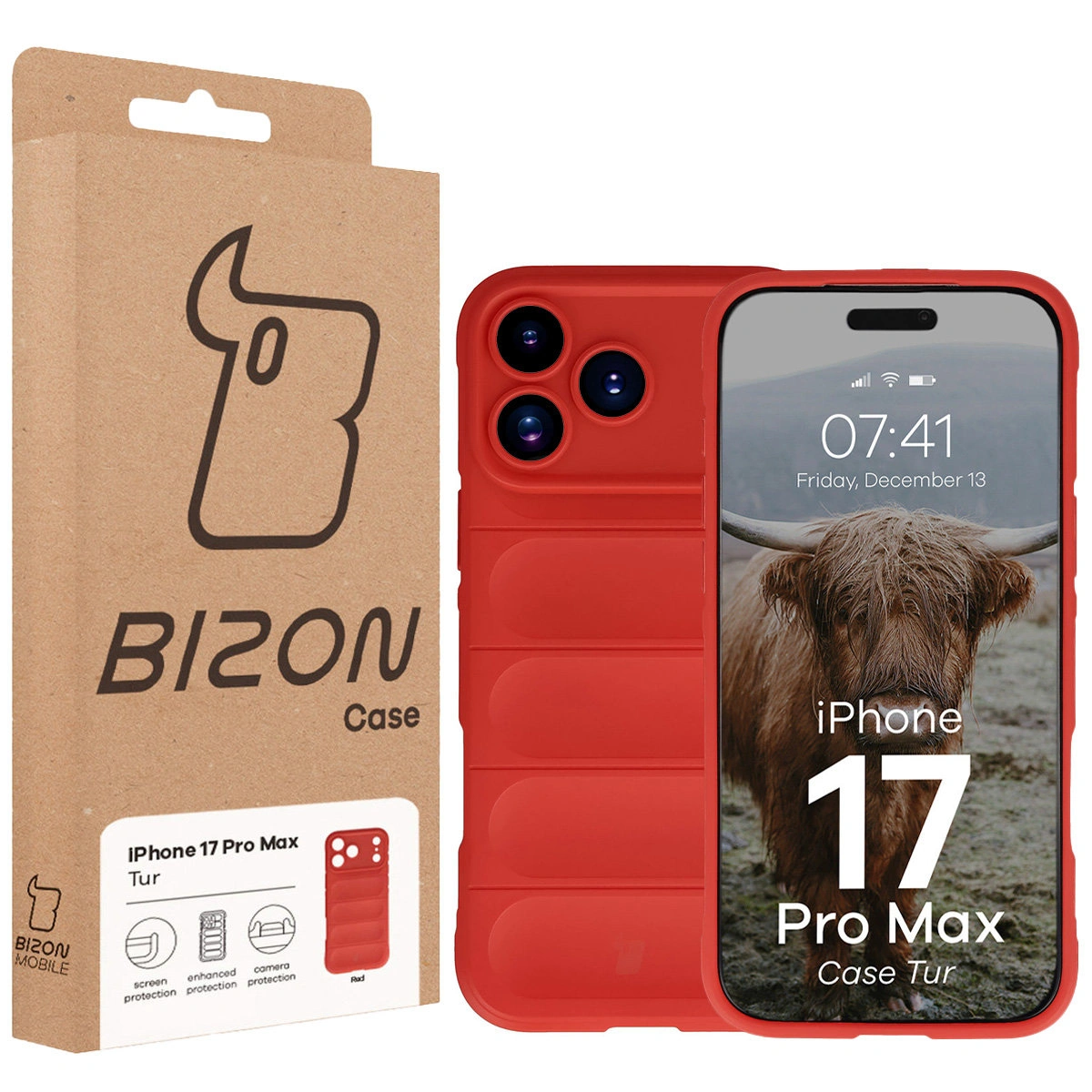 Przód pudełka Bizon Case z dedykowaną etykietą do Apple iPhone 17 Pro Max