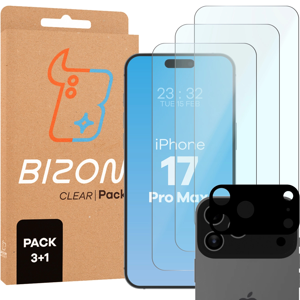 Pudełko i zestaw szkieł do Apple iPhone 17 Pro Max: 3x szkło hartowane i lens