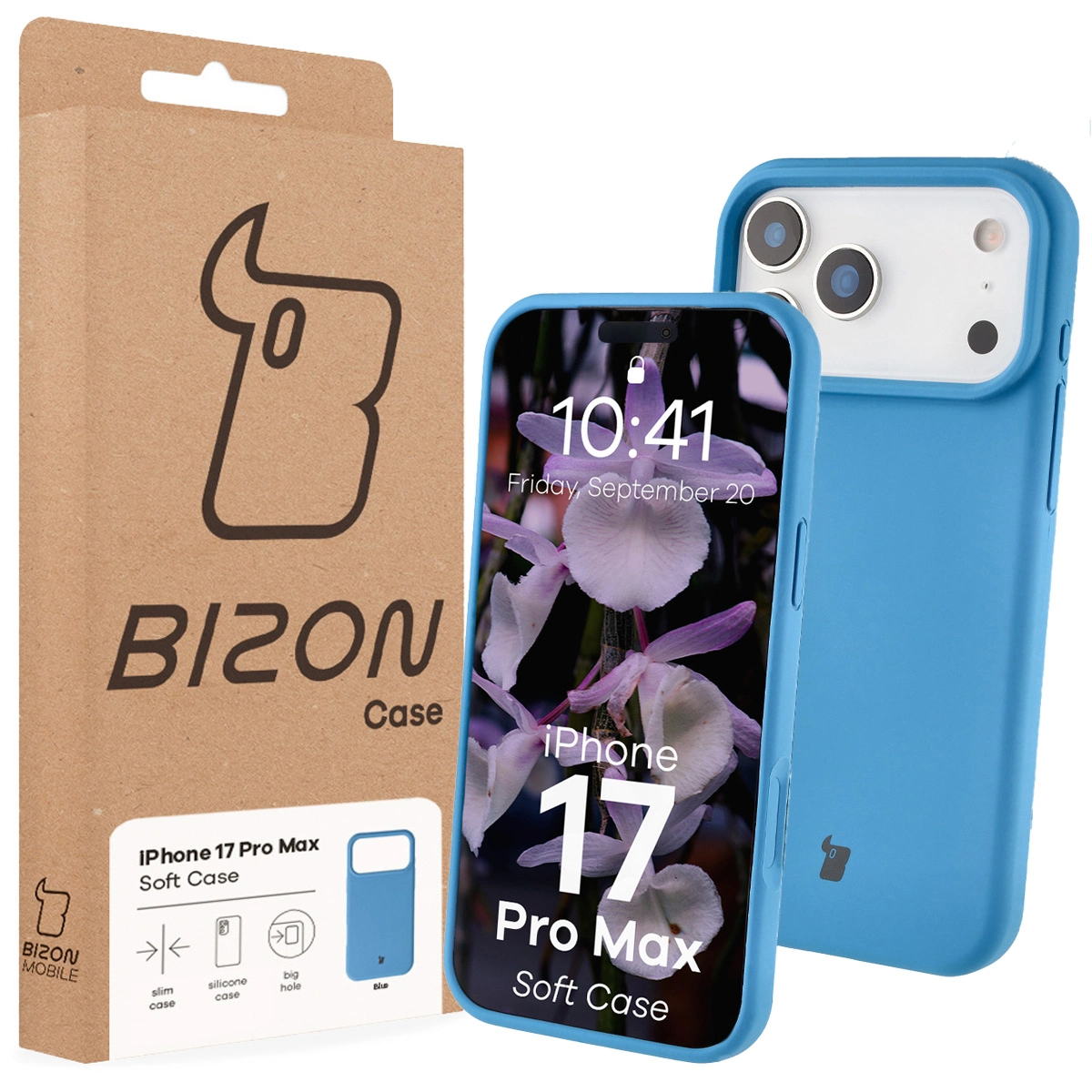 Przód pudełka Bizon Case z dedykowaną etykietą do Apple iPhone 17 Pro Max