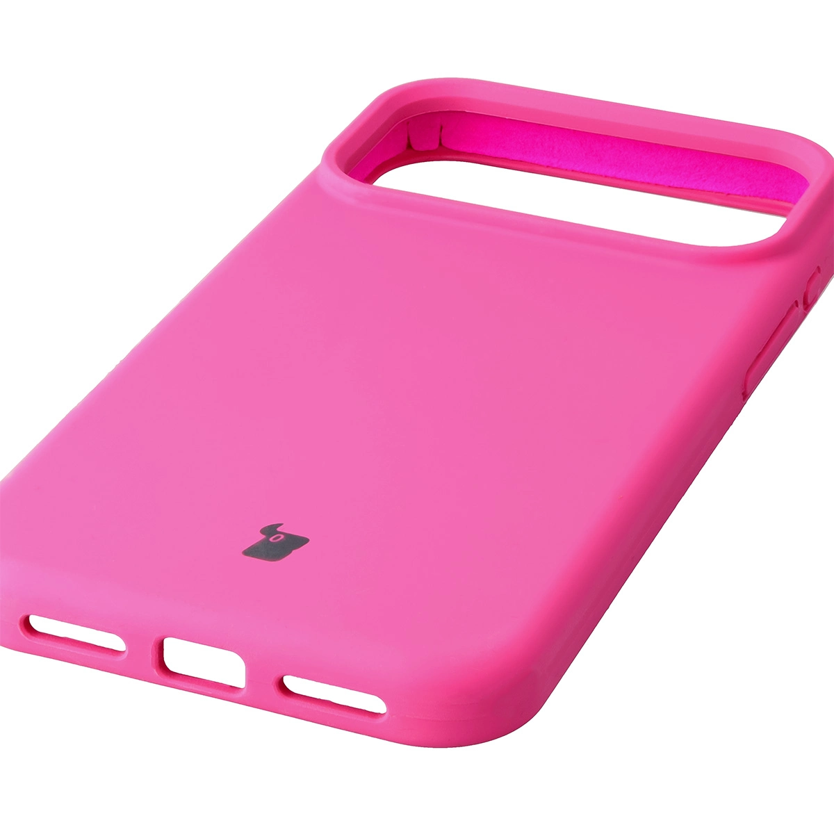 Close-up of precise cutouts and wireless charging capability in the Bison Soft Case