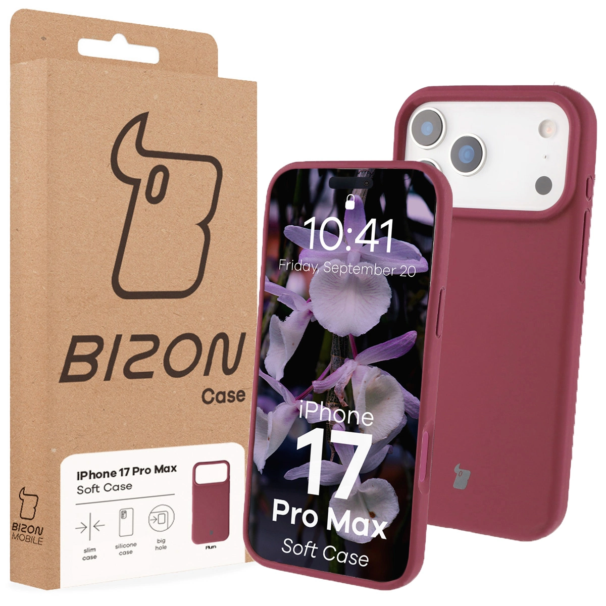 Przód pudełka Bizon Case z dedykowaną etykietą do Apple iPhone 17 Pro Max