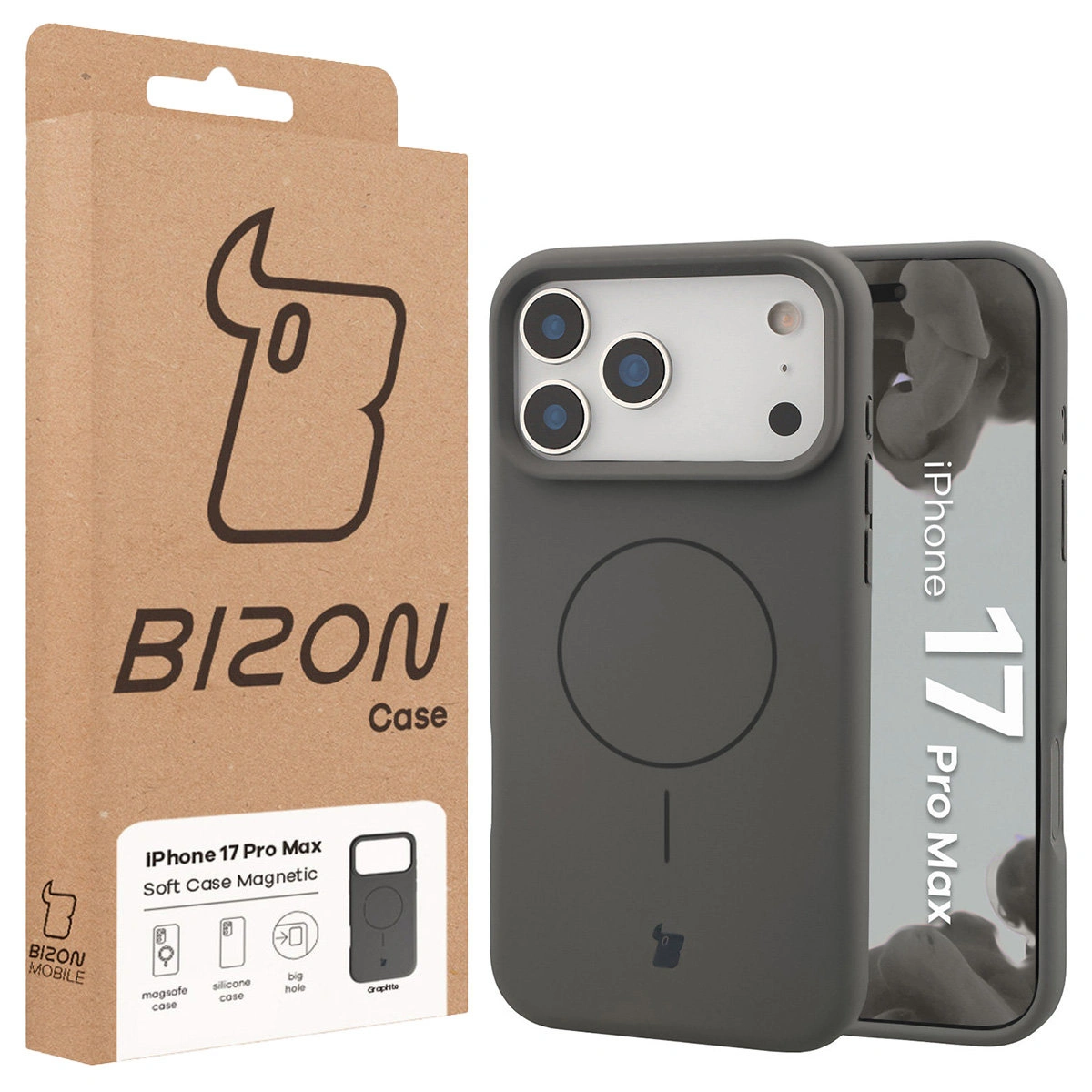 Przód pudełka Bizon Case z dedykowaną etykietą do Apple iPhone 17 Pro Max