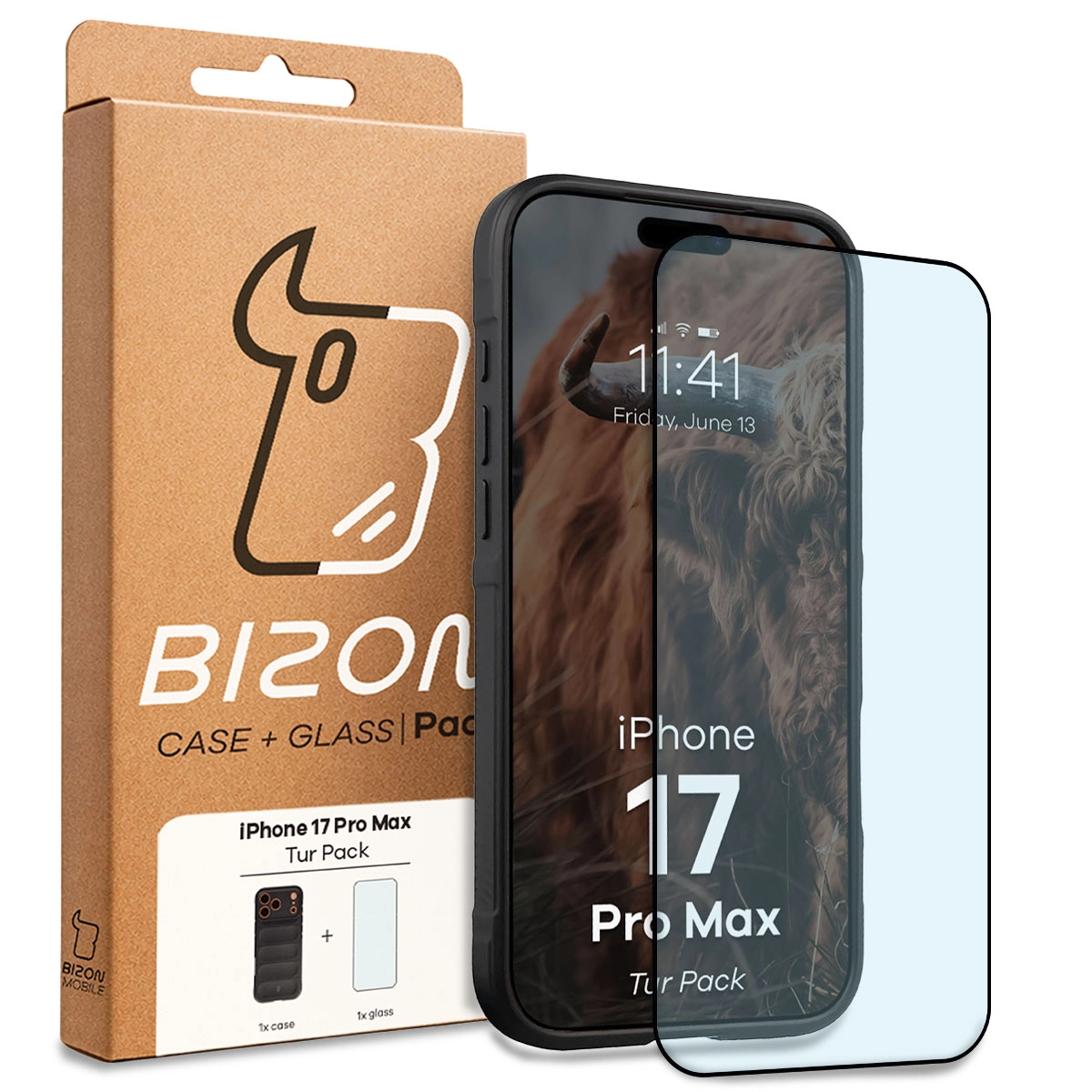 Przód pudełka Bizon Tur Pack z dedykowaną etykietą do Apple iPhone 17 Pro Max