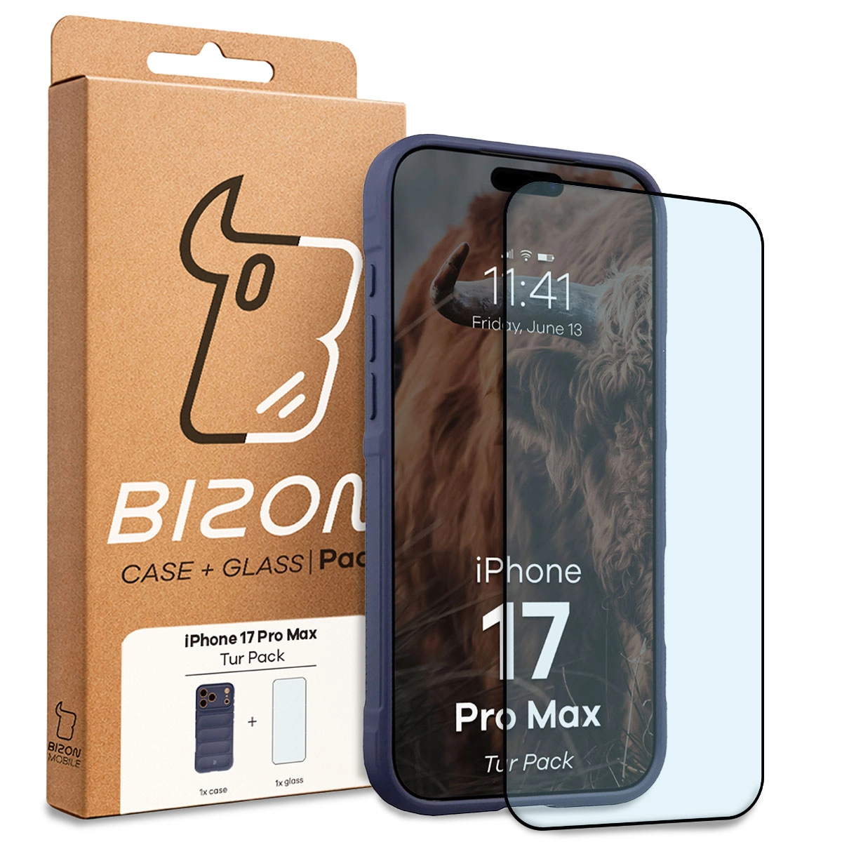 A Bizon Tur Pack dobozának elülső oldala, dedikált címkével az Apple iPhone 17 Pro Max számára