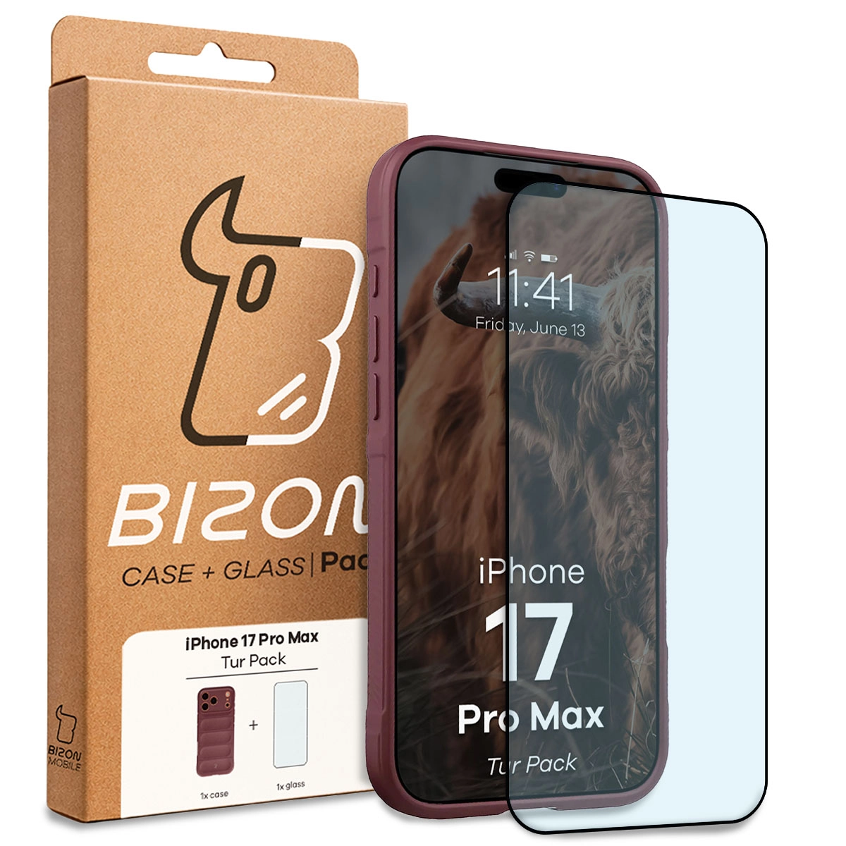 Przód pudełka Bizon Tur Pack z dedykowaną etykietą do Apple iPhone 17 Pro Max