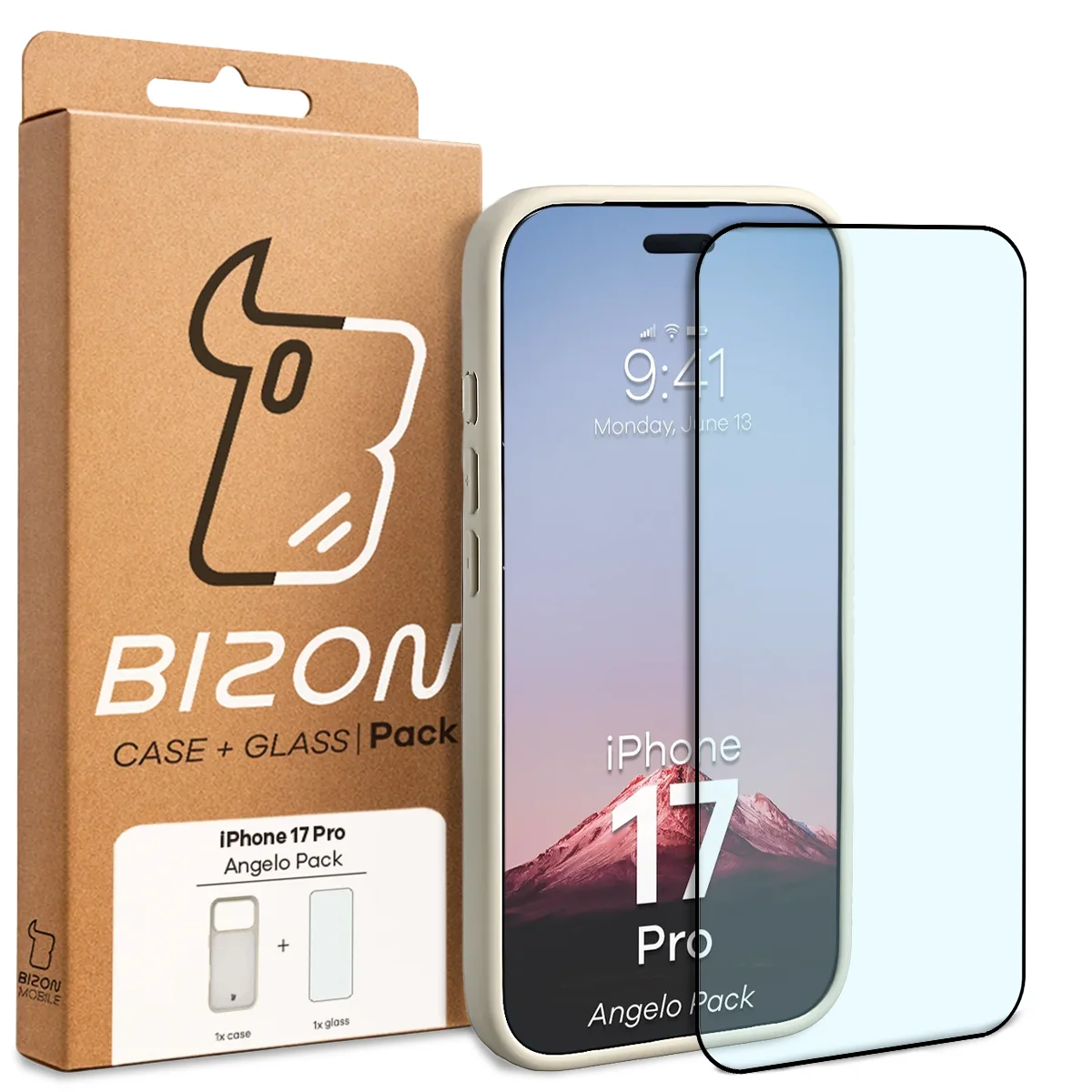 Front of the Bizon Case Angelo Pack box with a dedicated label for Apple iPhone 17 Pro