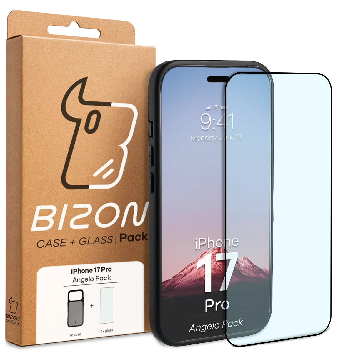 Front of the Bizon Case Angelo Pack box with a dedicated label for Apple iPhone 17 Pro