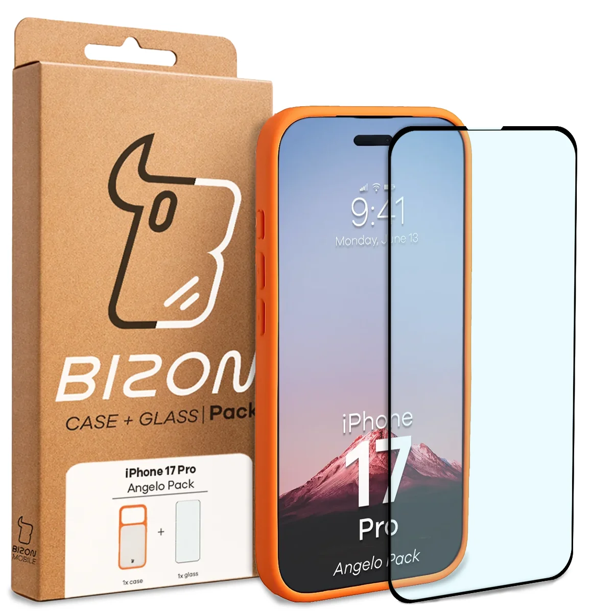 Przód pudełka Bizon Case Angelo Pack z dedykowaną etykietą do Apple iPhone 17 Pro