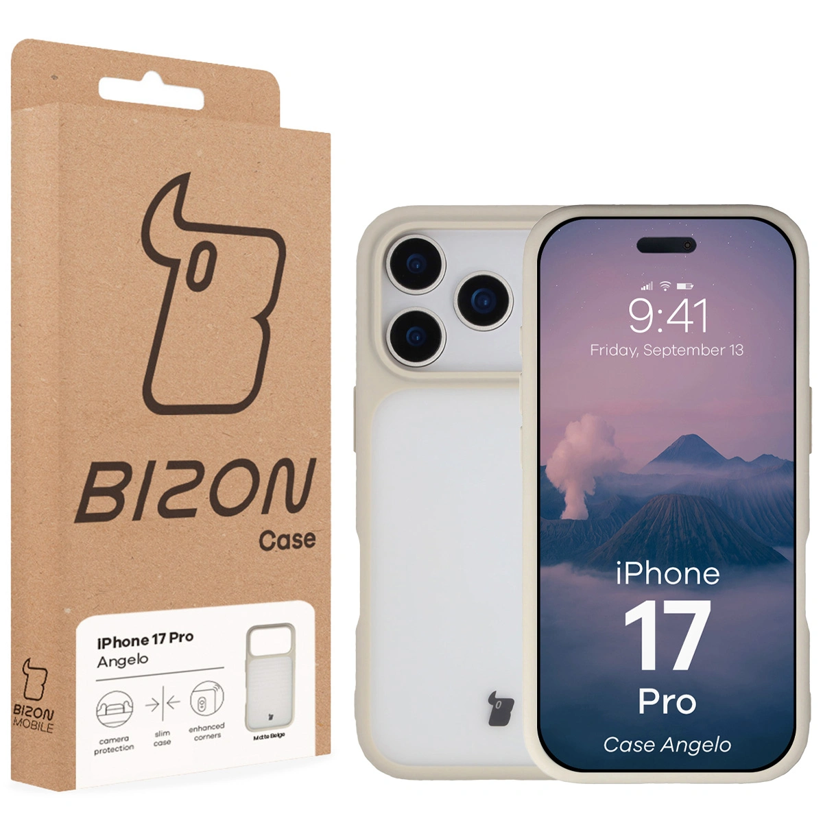 Fața cutiei Bizon Case cu etichetă dedicată pentru Apple iPhone 17 Pro