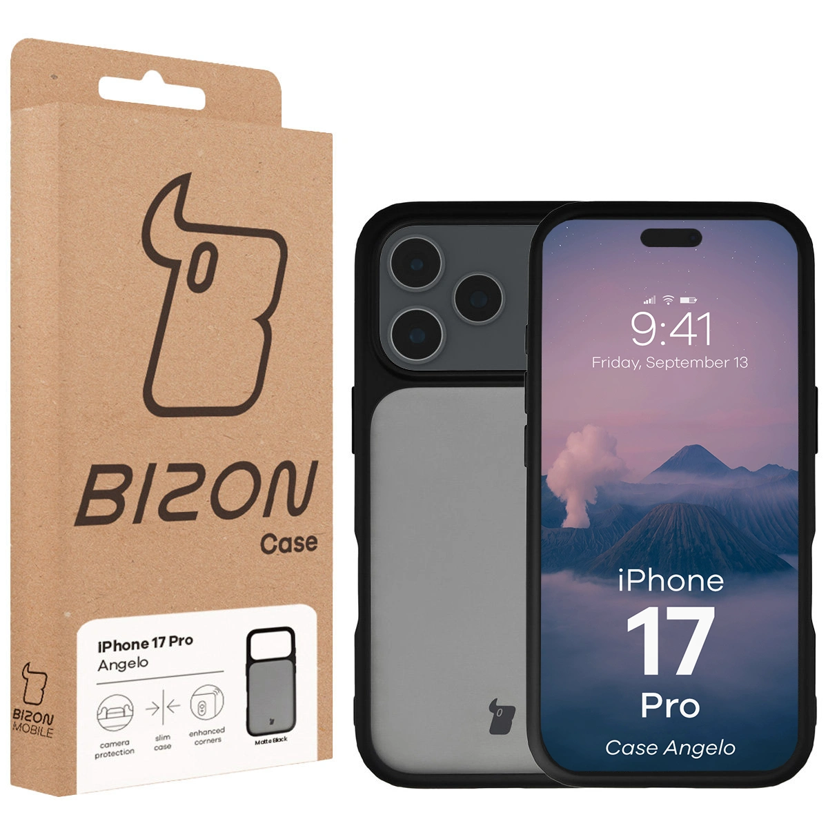 Fața cutiei Bizon Case cu eticheta dedicată pentru Apple iPhone 17 Pro
