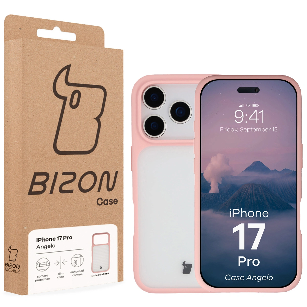Fața cutiei Bizon Case cu etichetă dedicată pentru Apple iPhone 17 Pro