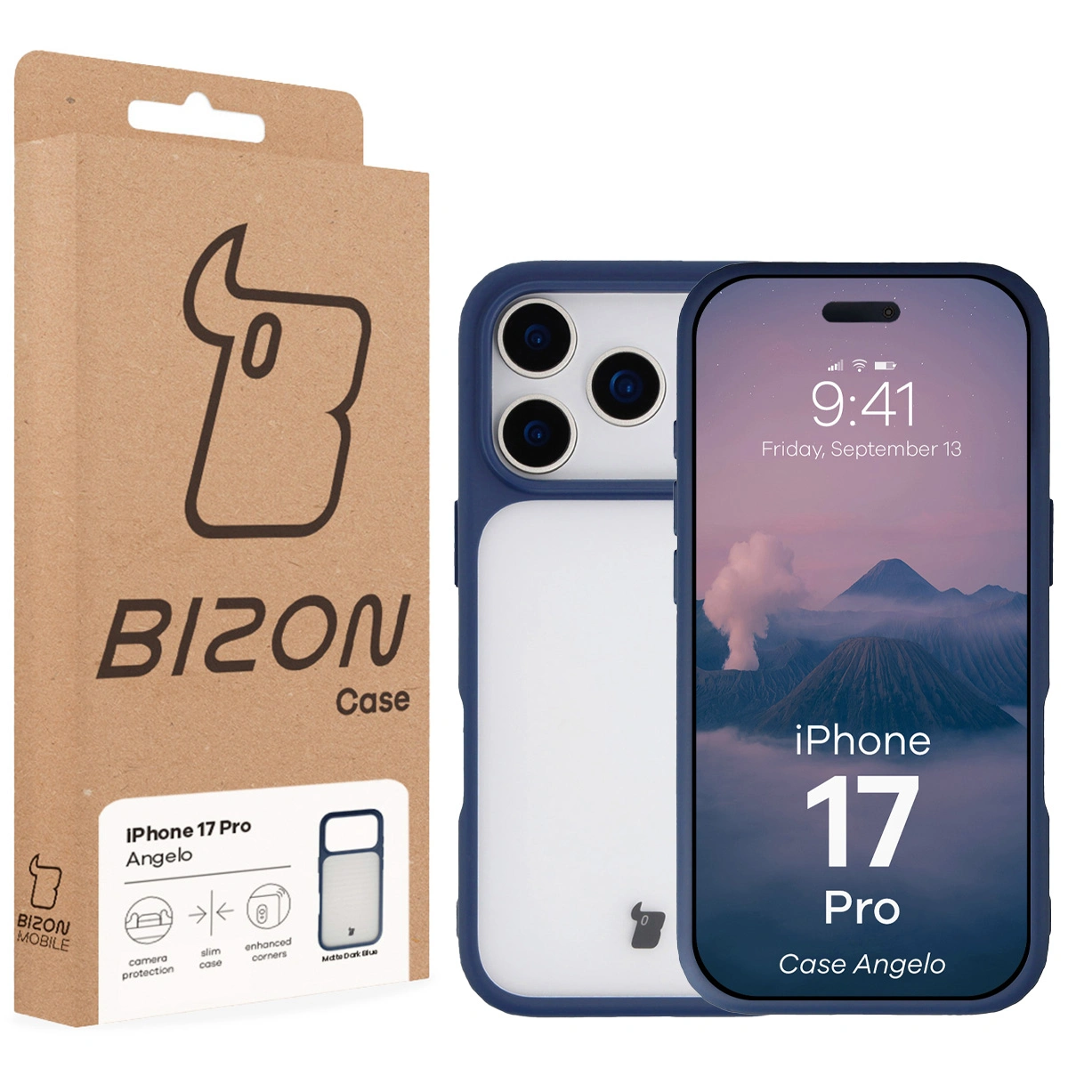 Fața cutiei Bizon Case cu etichetă dedicată pentru Apple iPhone 17 Pro