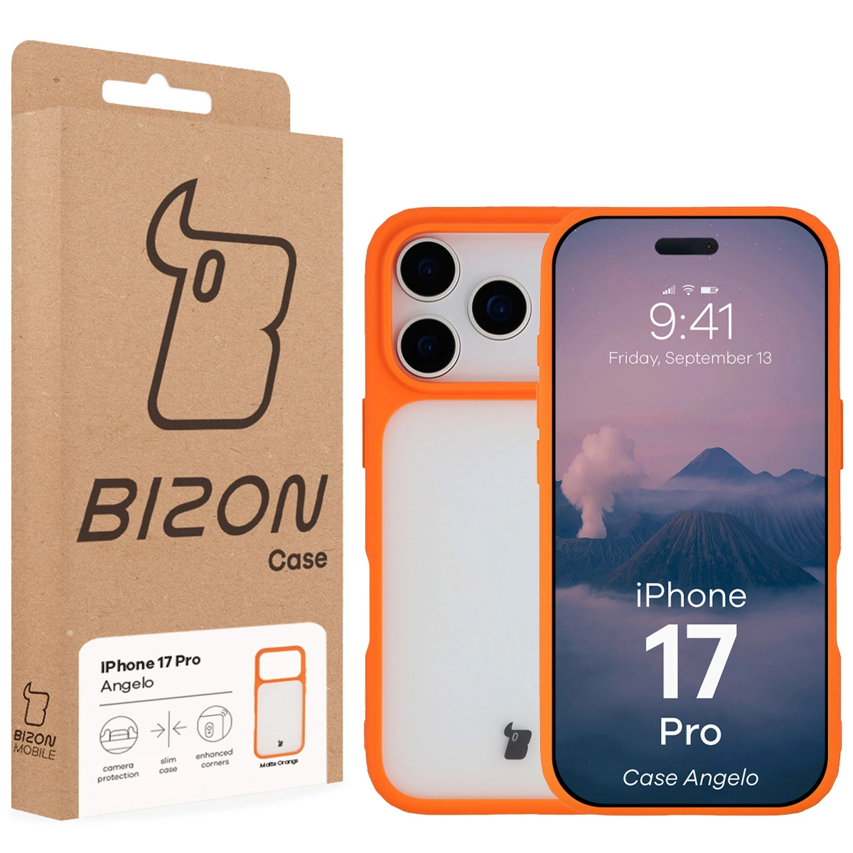 Fața cutiei Bizon Case cu etichetă dedicată pentru Apple iPhone 17 Pro