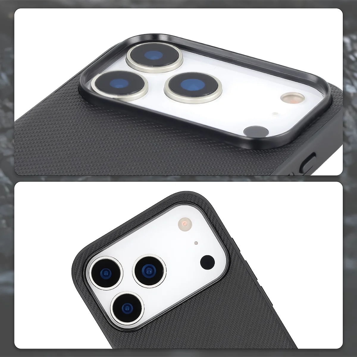 Megemelt kamera szélek és kivágás a kamerához a Bizon Case CarbO tokban az Apple iPhone 17 Pro-hoz