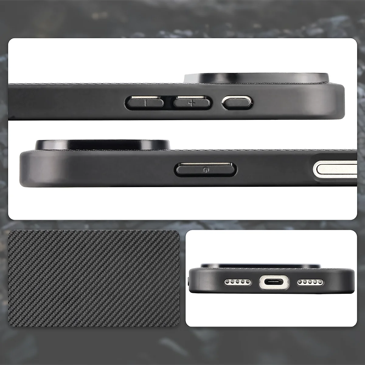 Kivágások, beépített védők és a Bizon Case CarbO tok struktúrája az Apple iPhone 17 Pro-hoz