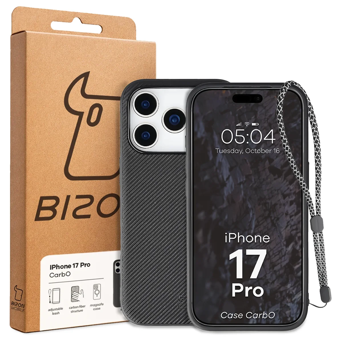 A Bizon Case dobozának elülső oldala a dedikált címkével az Apple iPhone 17 Pro-hoz