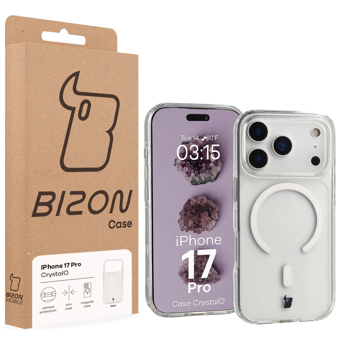 Front of the Bizon Case box with a dedicated label for Apple iPhone 17 Pro