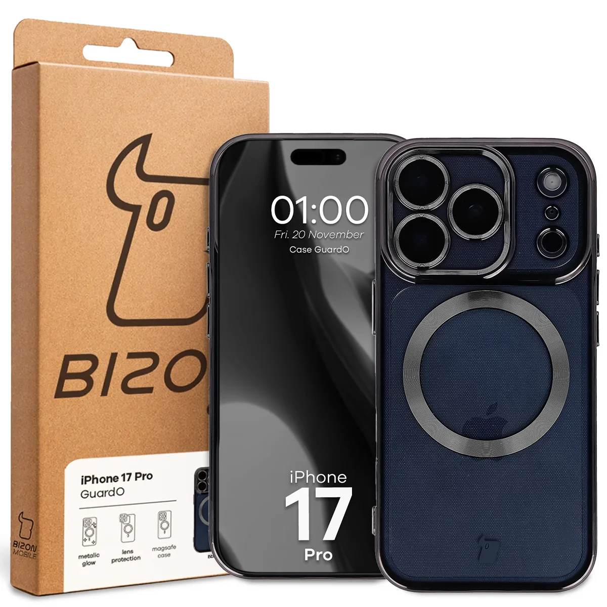 Front of the Bizon Case box with a dedicated label for Apple iPhone 17 Pro