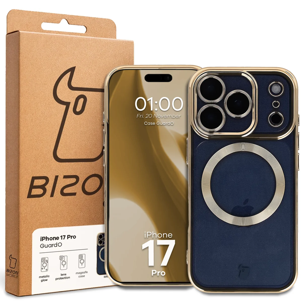 Przód pudełka Bizon Case z dedykowaną etykietą do Apple iPhone 17 Pro