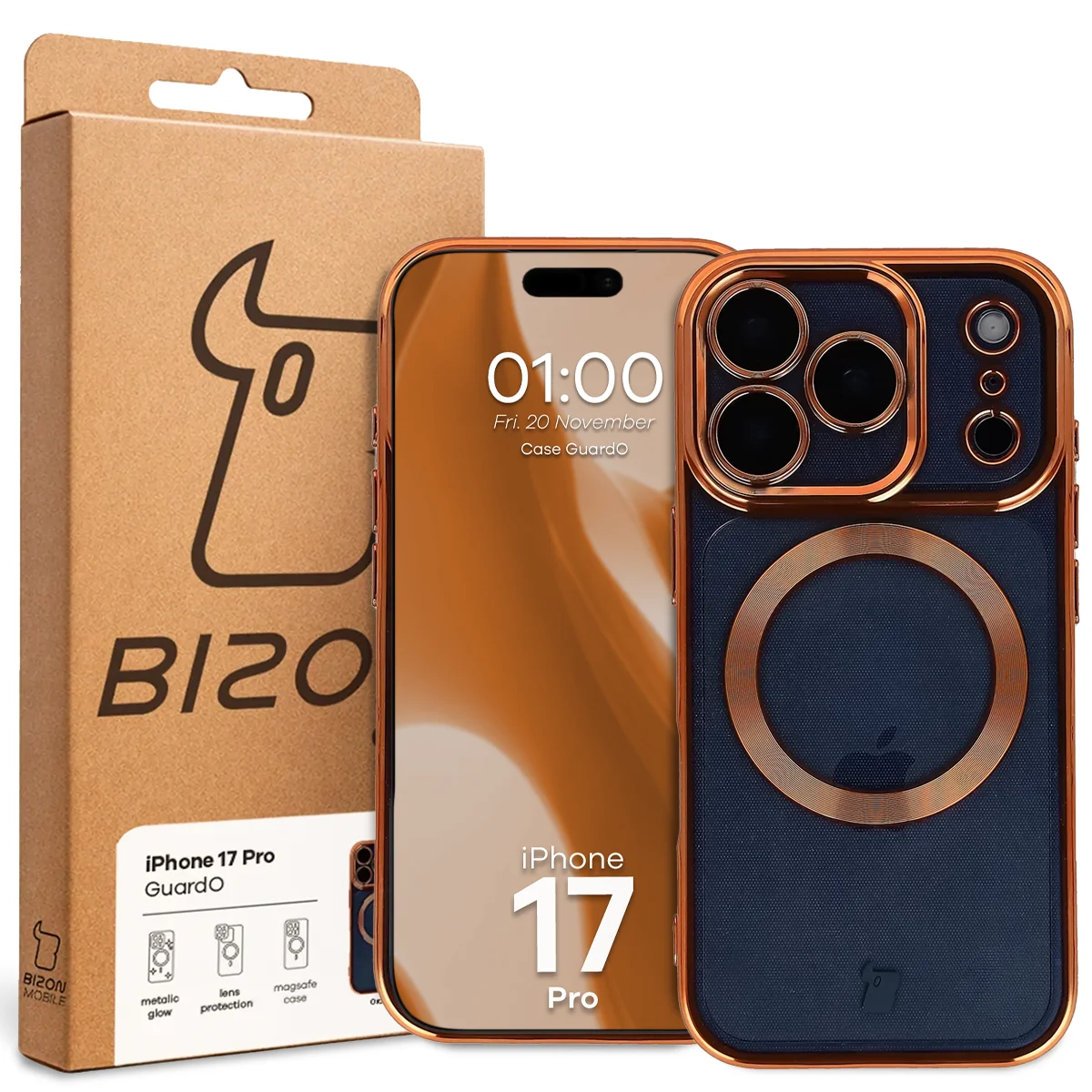 Front of the Bizon Case box with a dedicated label for Apple iPhone 17 Pro